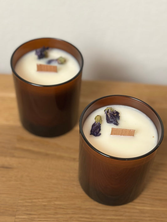 Aromatic Candle in Amber Glass – Patchouli with Wooden Wick